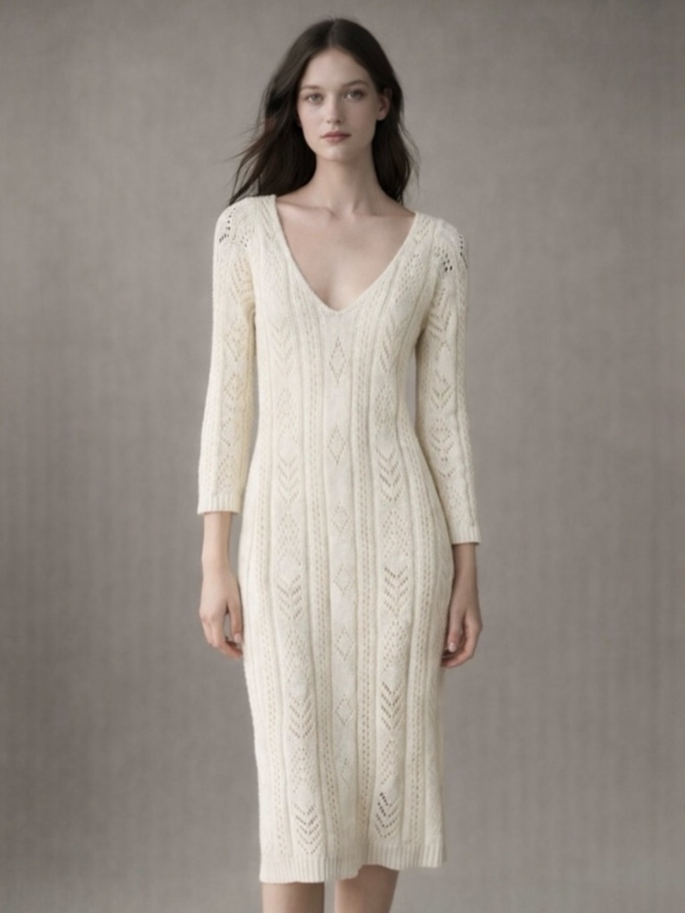 Lulus Ivory Pointelle Knit Sweater Dress XS Long Sleeve Midi